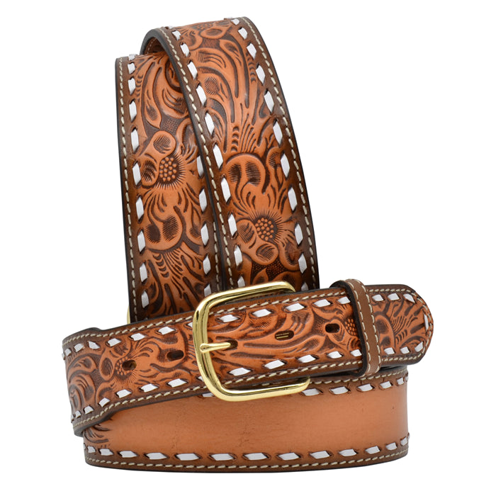 3D Belt Mens Western Leather Buckstitch Tooled Floral 3870N Natural