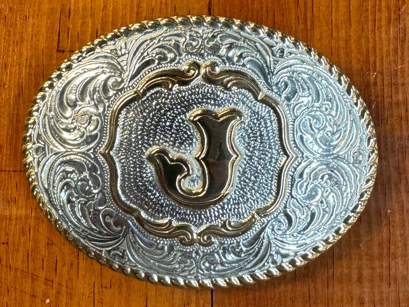 Justin Boots Vintage Silver Mexico T initial Letter authentic Western Belt Buckle