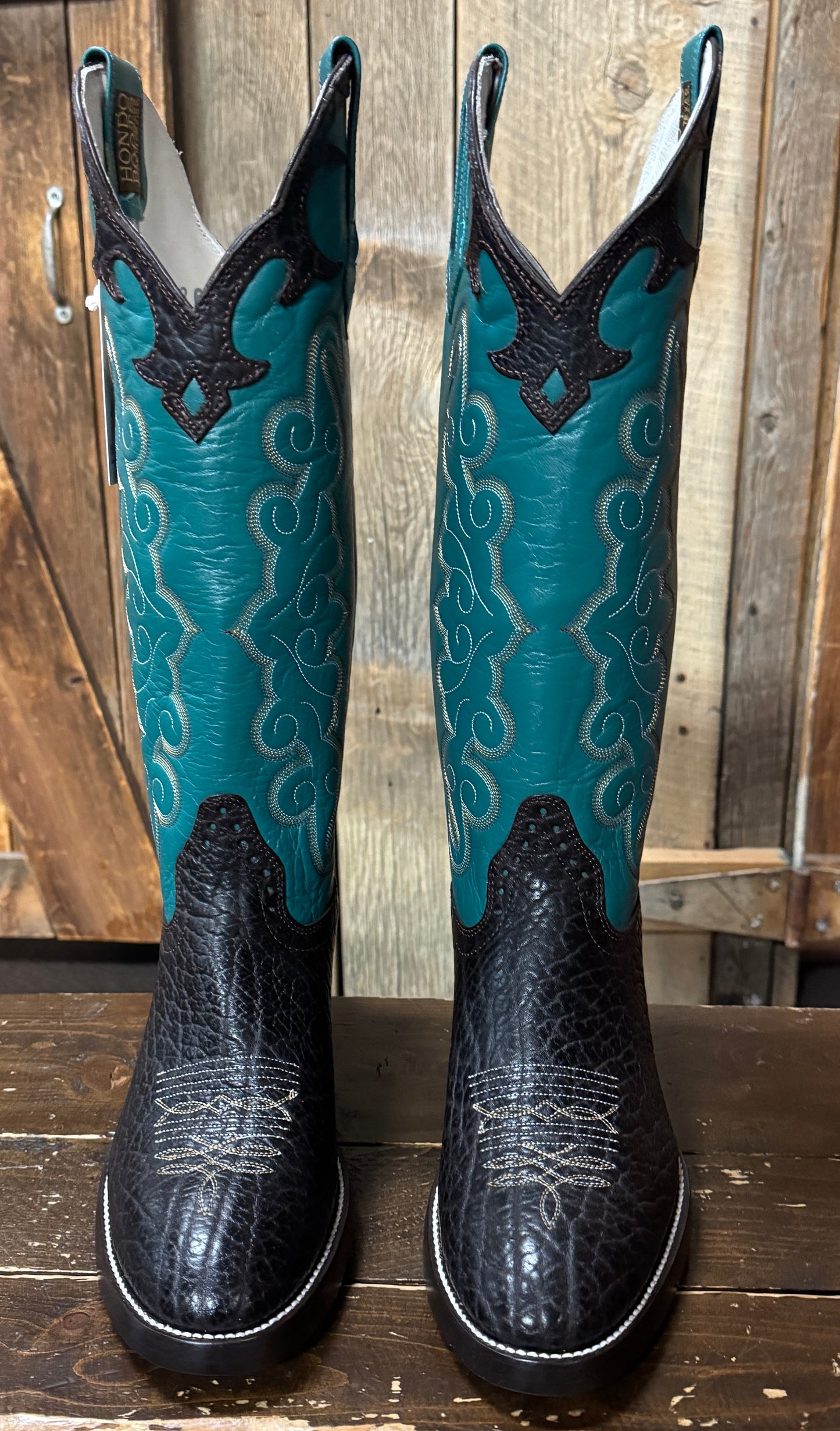 Hondo Solano® Buckaroo Turquoise & Chocolate Bullhide Full Grain Leather Tall Top Cowboy Boots