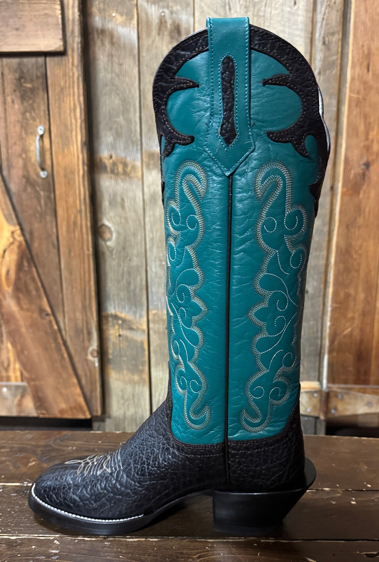 Hondo Solano® Buckaroo Turquoise & Chocolate Bullhide Full Grain Leather Tall Top Cowboy Boots