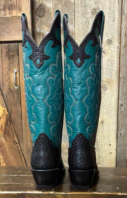 Hondo Solano® Buckaroo Turquoise & Chocolate Bullhide Full Grain Leather Tall Top Cowboy Boots