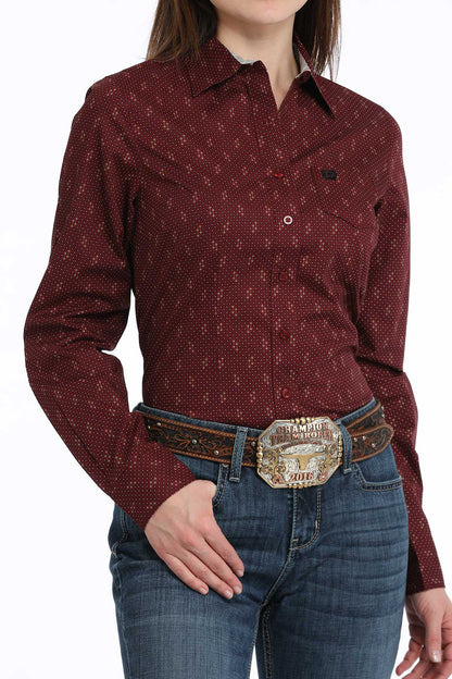 Cinch® Women's Burgundy Geo Print Long Sleeve Button Front Western Shirt