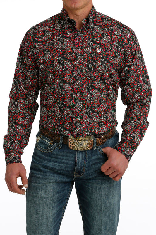 Cinch® Men's Black & Red Paisley Print Long Sleeve Button Front Western Shirt