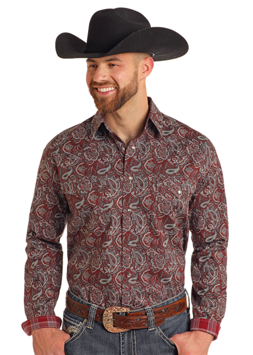 Panhandle Slim® Men's Maroon Paisley Rough Stock Long Sleeve Snap Front Western Shirt