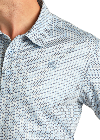 Panhandle Slim® Men\'s Blue Geo Sleeve & – Western Solano\'s Print Boot Short Shirt Wear Polo