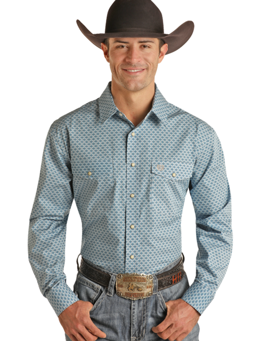 Panhandle Slim® Men's Blue Geo Print Long Sleeve Snap Front Western Shirt