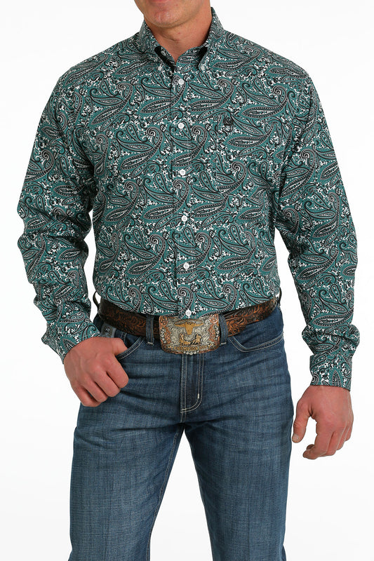 Cinch® Men's Teal Green Paisley Print Long Sleeve Snap Front Western Shirt