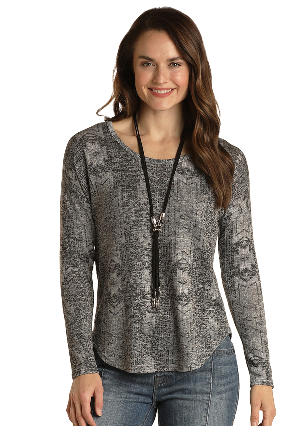 Panhandle Slim® Women's Grey Southwest Print Long Sleeve Sweater Top